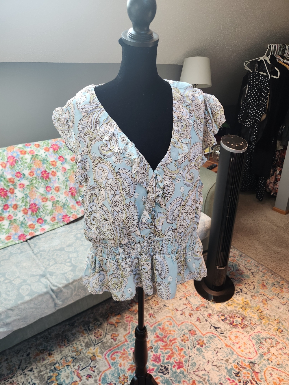 Parker Paisley Ruffle Peplum Blouse in Light Blue XXL Adorable